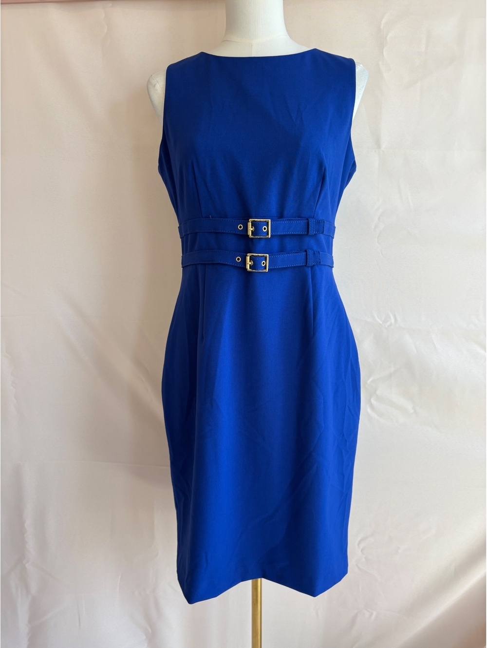 Calvin Klein Women's Blue Sleeveless Sheath Dress with Double Belt Detail Size 8